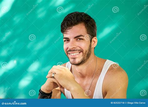 Portrait Happy Young Latino Man With Beard Smiling Stock Photo Image