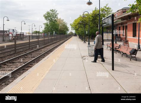 New Jersey Transit railway station and platform with people waiting for ...