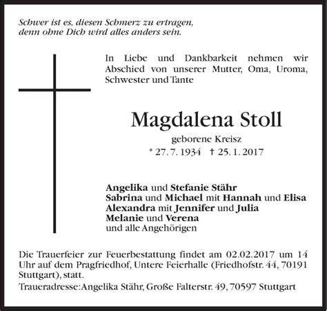 Traueranzeigen Von Magdalena Stoll Stuttgart Gedenkt De