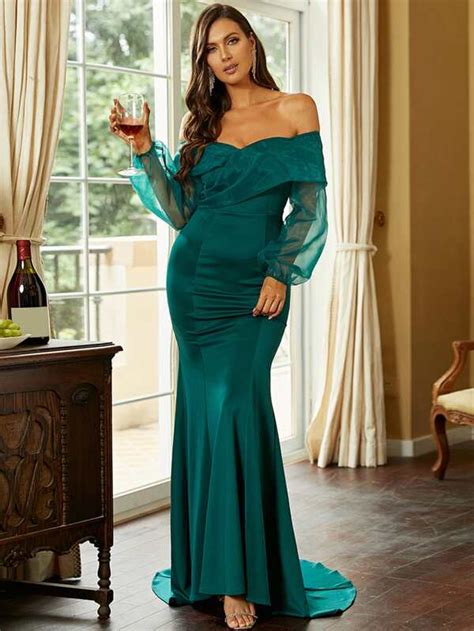 Missord Off Shoulder Contrast Mesh Lantern Sleeve Formal Dress Shein Usa