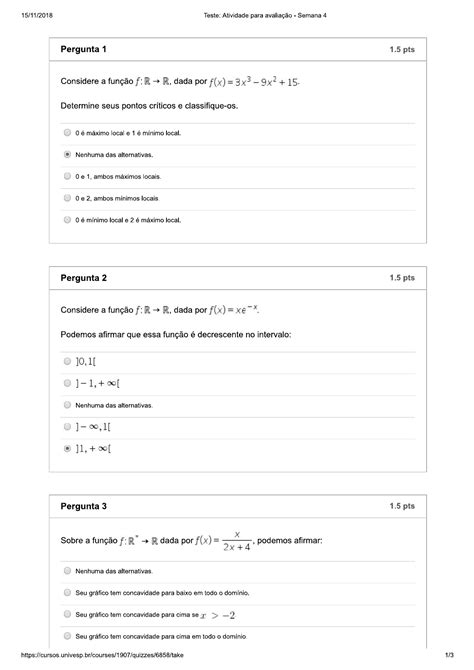 Teste Atividade para avaliação Semana 4 Cálculo I Univesp Cálculo I