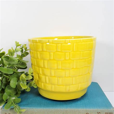 Vintage Yellow Ceramic Planter Basket Weave Yellow Planter Spring