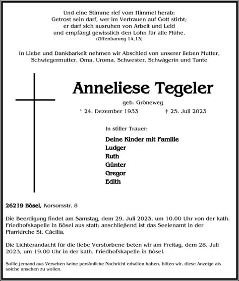 Traueranzeigen Von Anneliese Tegeler Om Trauer De