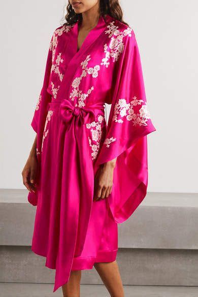 Carine Gilson Chantilly Lace Trimmed Silk Satin Robe Bright Pink