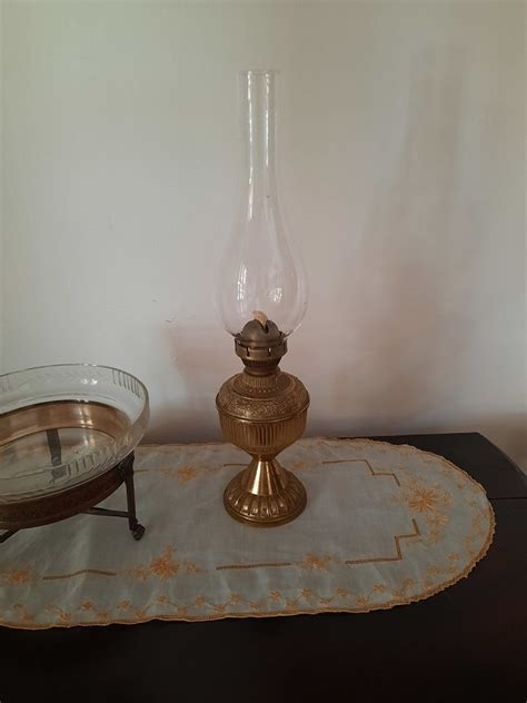 Vintage Oil Lamp Brass Base Wick And Glass Chimney Decorative Oil Lamp 1950s Height 44 Cm