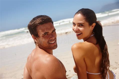 Couple Portrait And Smile By Beach With Travel For Bonding Summer