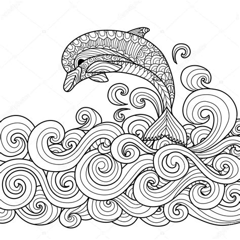 Hand Drawn Zentangle Dolphin With Scrolling Sea Wave For Coloring Book