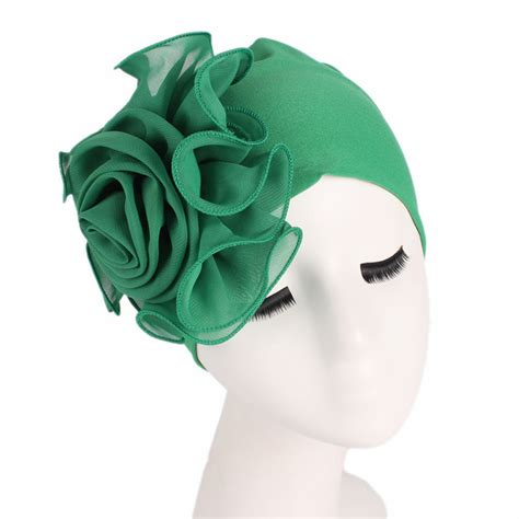 Foraging Dimple Women Ladies Retro Big Flowers Hat Turban Brim Hat Cap Pile Cap Gn Green