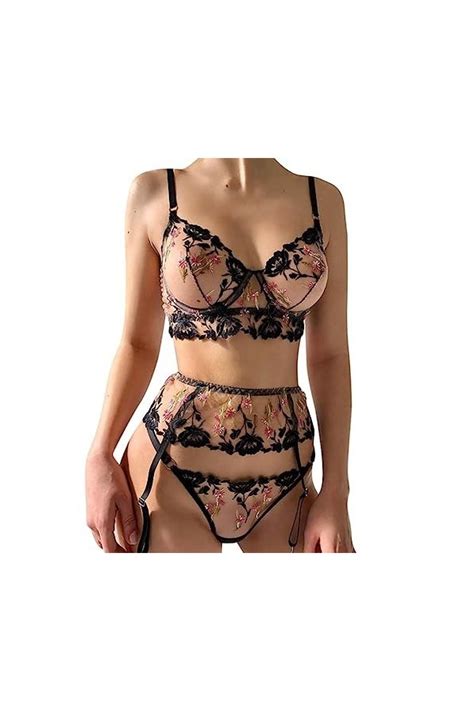 Ensemble de Lingerie Sexy pour Femmes 3 pièces en Dentelle brodée S