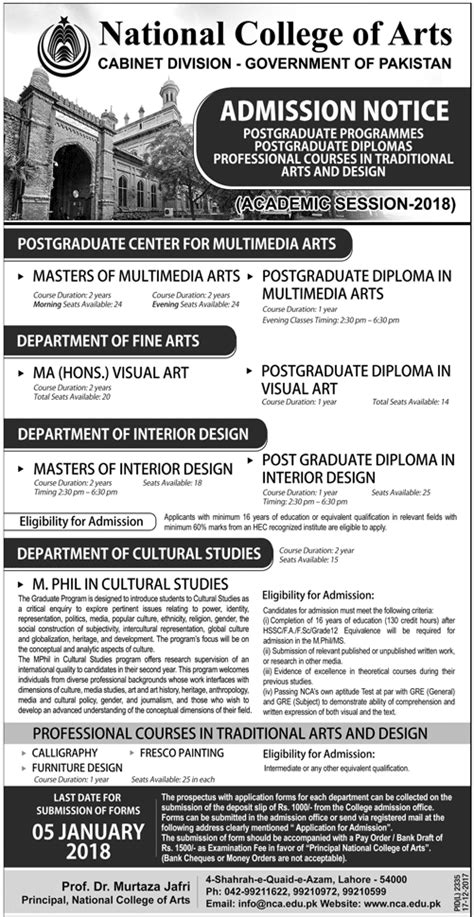 NCA Admissions 2019 Lahore And Rawalpindi Campus Schedule