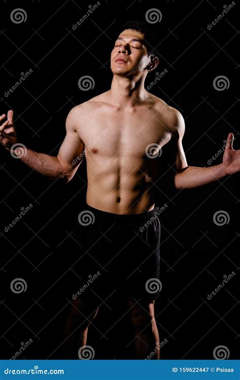 Athletic Muscular Bodybuilder Man With Naked Torso Six Pack Abs Fitness Workout Concept Stock