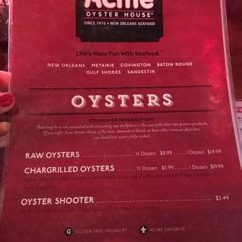 Menu at Acme Oyster House restaurant, New Orleans, 724 Iberville St