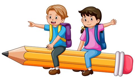 Vector illustration of happy school kids riding a flying pencil ...