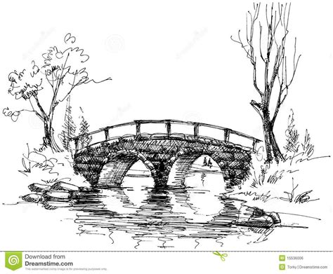 Illustration About A Sketch Of Landscape With Bridge Over River