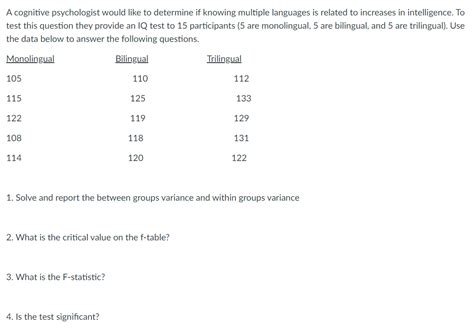 Solved A cognitive psychologist would like to determine if | Chegg.com