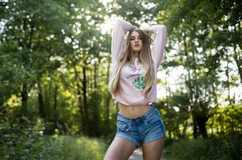 Wallpaper Blonde Jean Shorts Belly Women Outdoors Long Hair Pink