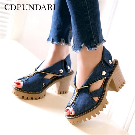 Cdpundari Denim Platform Sandals Women High Heel Sandals Zipper Summer