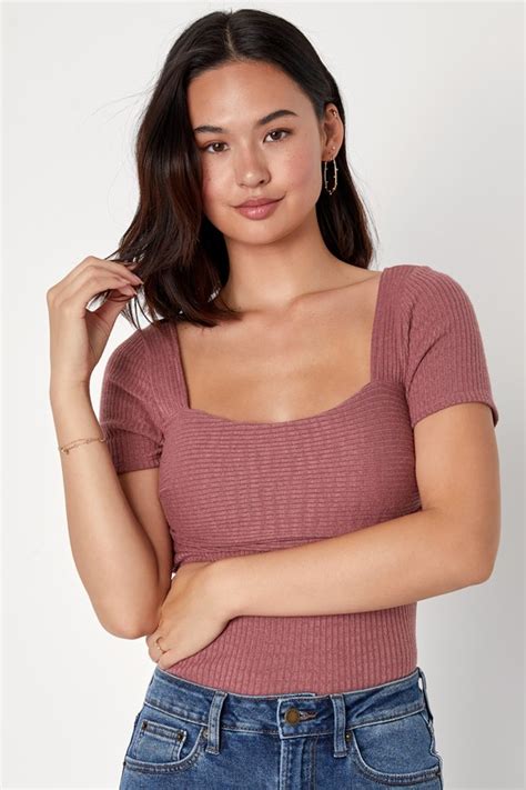 Mauve Short Sleeve Top Mauve Ribbed Top Square Neck Top Lulus