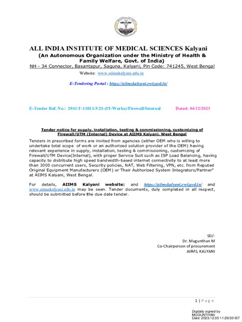 Fillable Online Aiims Kalyani Tender Notice For Internal Firewall