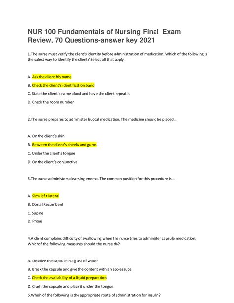 Nur Fundamentals Of Nursing Final Exam Review Questions Answer