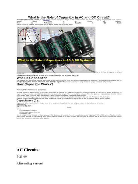 What Is The Role Of Capacitor In Ac And Dc Circuit Capacitor Ac Power