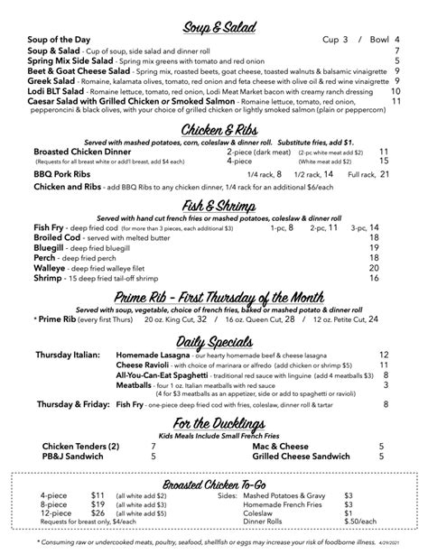 Menu Spring Creek Restaurant