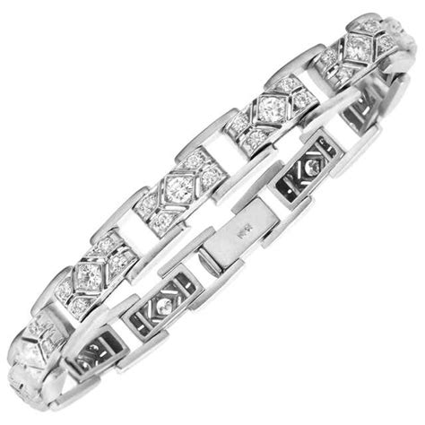 14 Karat White Gold Diamond Rectangle Link Retro Unisex Bracelet For