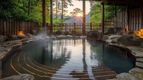 Ai Generated Onsen Traditional Japanese Hot Prings Outdoor Landscape Calm Stock Illustration