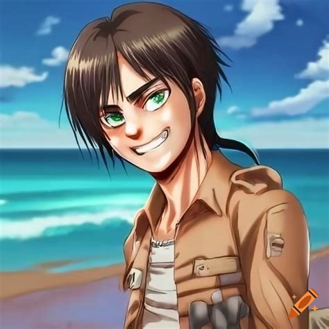 Eren Yeager Smiling On A Beach With Medium Long Hair On Craiyon