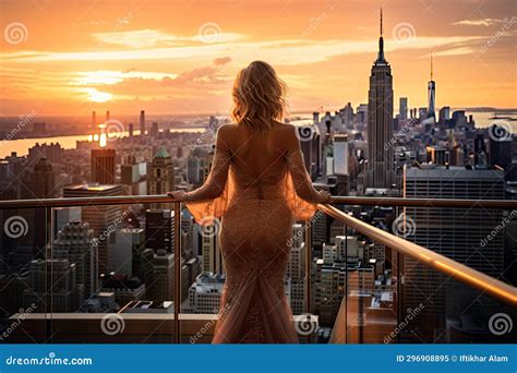 Beautiful Woman In Evening Dress On The Roof Of New York Rich Woman