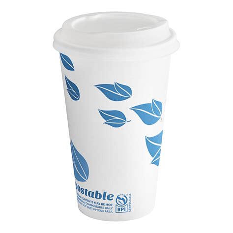 EcoChoice 16 Oz Leaf Print Compostable Paper Hot Cup And PLA Lid 50 Pack