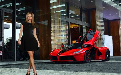 Nici Dee And A Ferrari LaFerrari Model Blonde Red Ferrari Dress HD