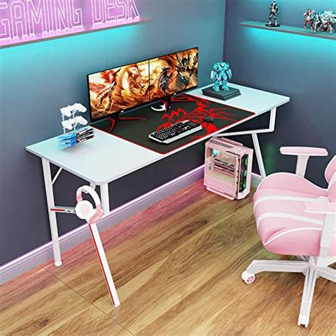 It's_Organized White Gaming Desk 63 inch, Long Gaming PC Desk Table for Home Office Study ...