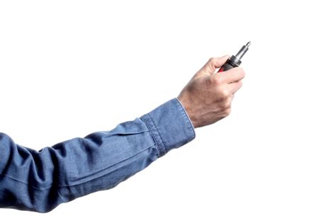 Premium Photo Close Up Of Man Hand Holding Work Tool Against White