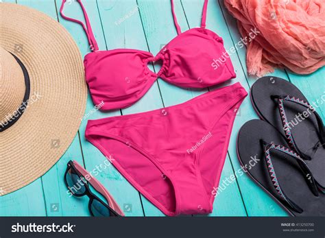 Set Beach Clothes Pink Bikini Stock Photo Shutterstock