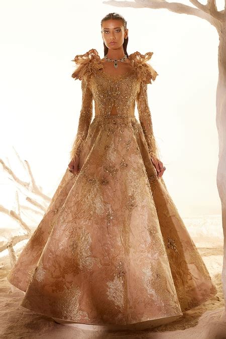 Buy Gold Net Embroidered Floral Motifs V Neck Fairy Dream Hand Gown For