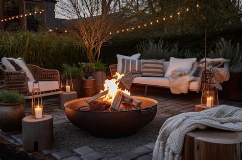 Premium AI Image Cozy Outdoor Patio With Fire Pit Lanterns And Warm