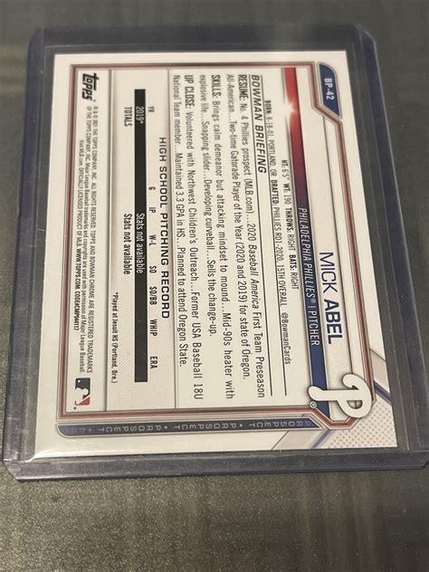 2021 Bowman Prospects Mick Abel Philadelphia Phillies BP 42