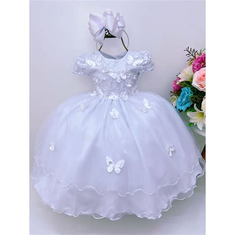 VESTIDO INFANTIL BRANCO RENDA E APLIQUE DE BORBOLETAS FLORES PERFEITO