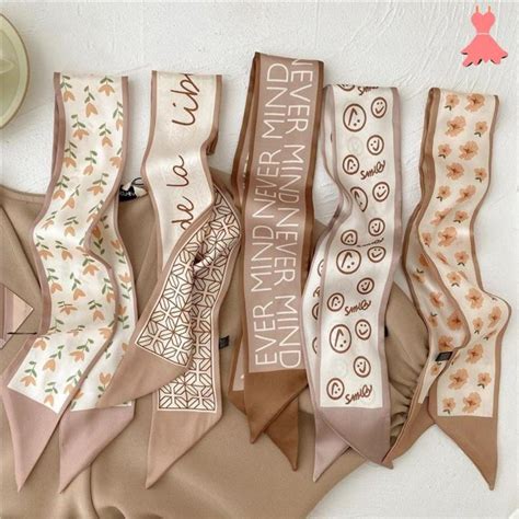 French Style Khaki Nude Color Series Silk Scarf Vintage Flower Letter Tied Up Hair Ribbon