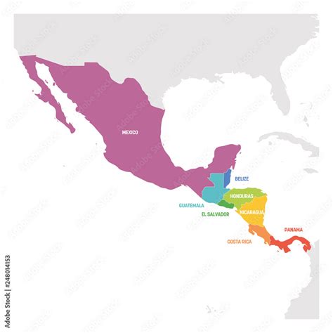 Central America Region. Colorful map of countries in central part of ...