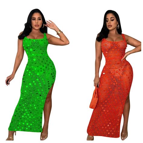 New Crochet Hollow Out Beach Long Dress With Sequins Decoration Sexy Women Bikini Swimwear