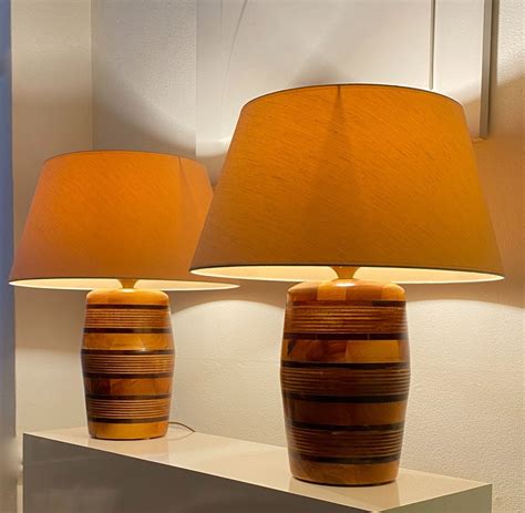 I M T Italy Lampada Da Tavolo Legno Ottone Tessuto Un Set Di