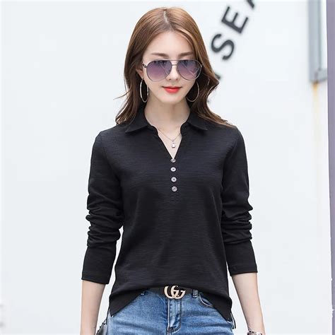 Women Long Sleeve Polo Shirts New Design Collar Slit Hem Cotton ...