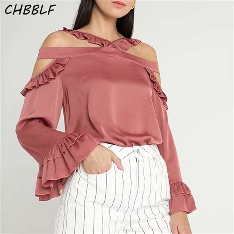 Chbblf Women Sexy Off Shoulder Ruffled Blouses Cross Straps Flare Sleeve Backless Shirts Ladies