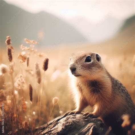 Portrait Of A Groundhog In The Yellow Grass Animal Background For