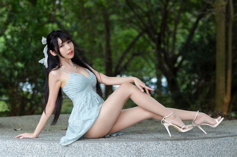 4K Asian Brunette Girl Sitting Legs Dress Glance Beautiful Pose