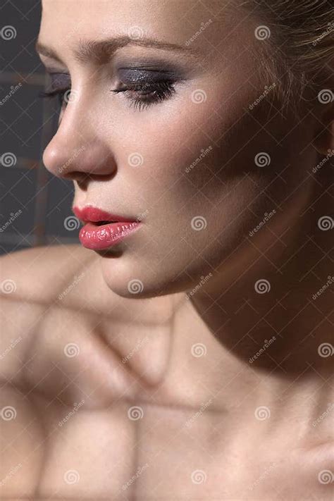 A Beautiful Blonde With Red Lips Stock Image Image Of Beauty