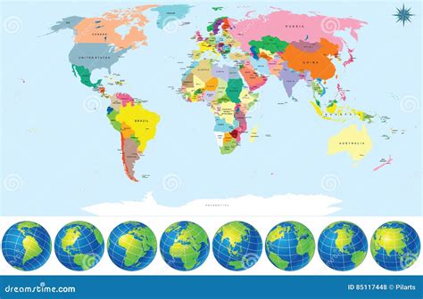 Political World Map with Earth Globes Stock Vector - Illustration of ...