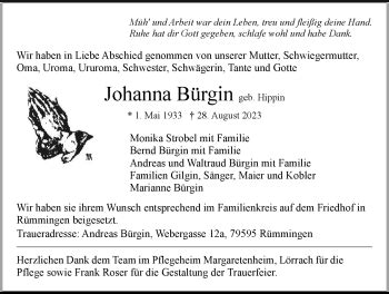 Traueranzeigen Von Johanna B Rgin Schwarzw Lder Bote Trauer